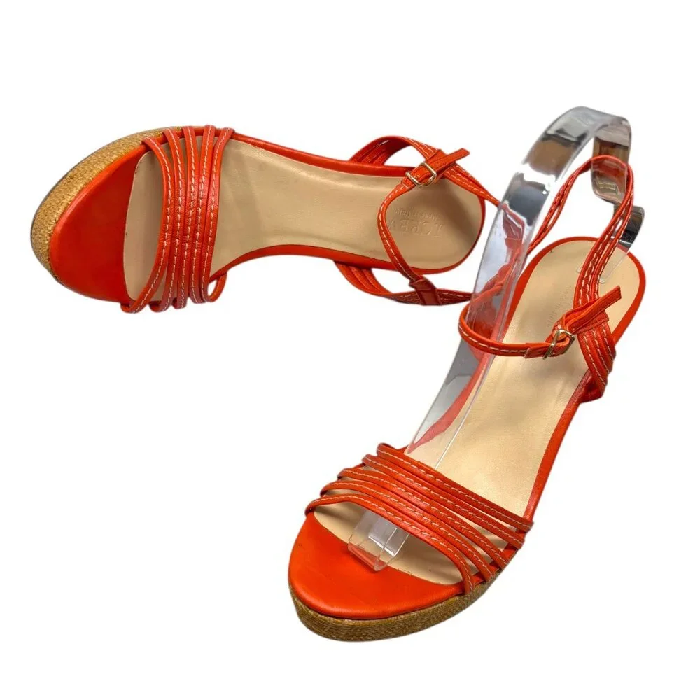 J. Crew Bette Orange Leather‎ Made in Italy Raffia High Wedge Sandals